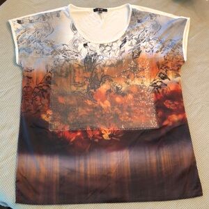 YEST BUUR XL TOP SEQUINNED FRONT PANEL FLORAL ORANGE-WINE ON CREAM & BLACK #359
